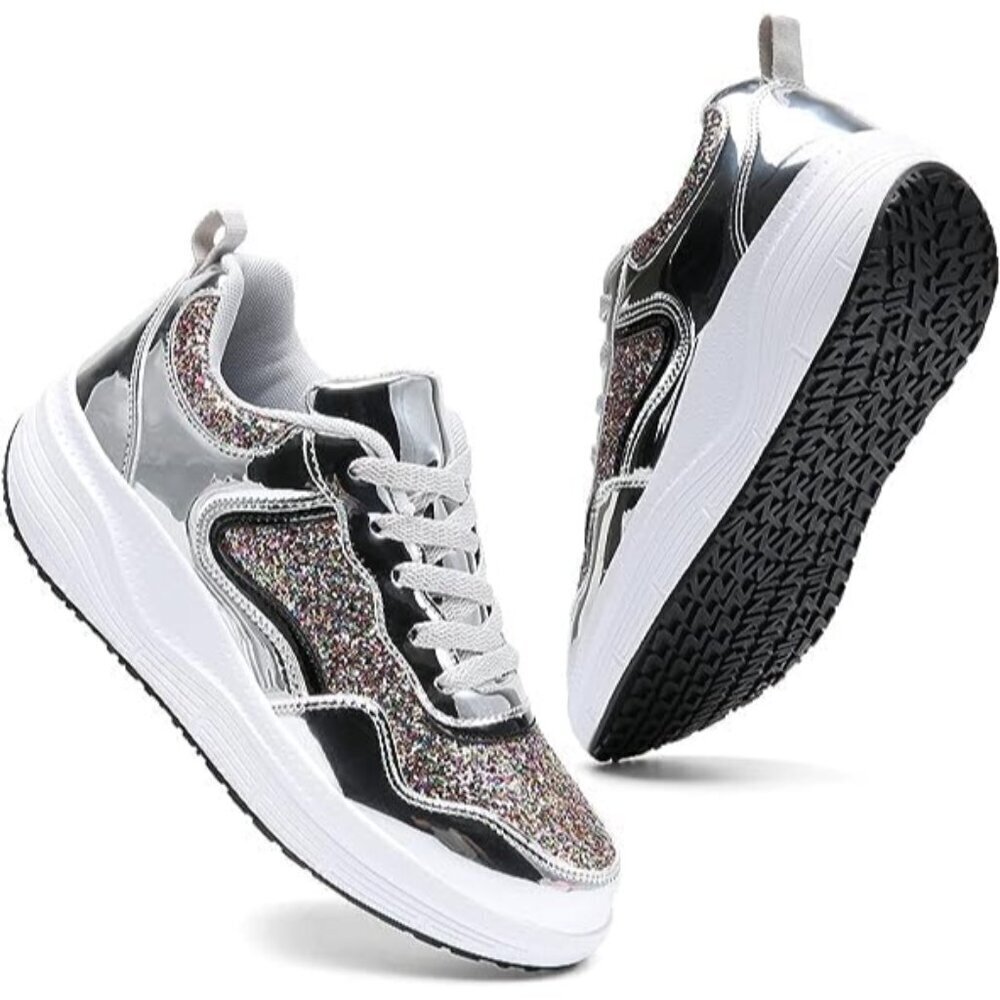 Kkdom Women's Silver Breathable Mesh Comfort Lightweight Wedge Platform Sneakers